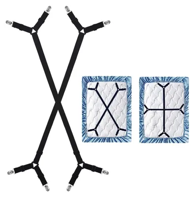 Produktbild von 2 Stück Verstellbare Elastische Bettlakenspanner | Matratzenklammern mit langen Spannbändern | Für Laken und Matratzenschoner – Schwarz