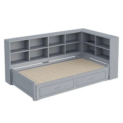 Produktbild von Abrihome Jugendbett Holzbett 90x190cm mit Ausziehbett und 2 schubladen, Schlafsofa mit Ladefunktion und Staufach, Grau