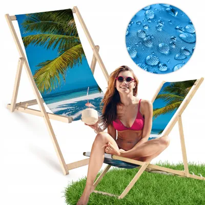 Produktbild von Liegestuhl klappbar aus Holz mit Palmen-Strand-Motiv – Klappstuhl Klappliege Sonnenstuhl Strandstuhl Gartenliege