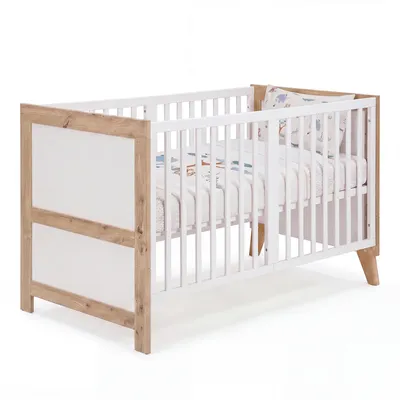 Obrázek produktu pro roba Dětská postýlka Malo 70 x 140 cm - Rostoucí postýlka - Výškově nastavitelná - Přestavitelná na juniorskou postel - Bílá / dub Sonoma, Obrázek vytvořený pomocí AI