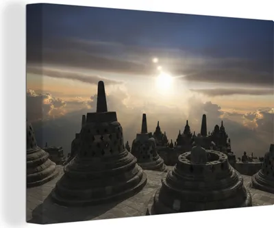 Produktbild von OneMillionCanvasses® - Leinwandbilder - 150x100 cm, Borobudur bei Sonnenuntergang, Wandbilder Kunstdruck Wanddekoration