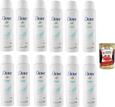Produktbild von Dove Deodorant Spray fresh anti-perspirant, deo Mit feuchtigkeitsspendenden und empfindlichen Formel auf der Haut,ohne Alkohol, 48 Stunden, 12x 150 ml + Italian Gourmet polpa 400g