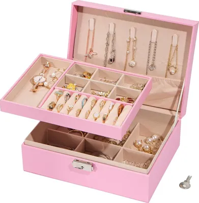 Produktbild von Premium-Schmuckkästchen für Damen - Abnehmbar - 2 Ebenen - Rosa - Wasserfestes Leder - Schmuck - Ringe - Ohrringe - Armbänder - Ketten - Aufbewahrungsbox