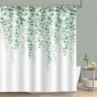 Produktbild von Famanu Duschvorhang Eukalyptusblätter 180 x 180 cm - Wasserdicht und schimmelbeständig mit 12 Haken