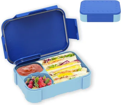 Image de Boîte à goûter pour enfants avec compartiments et volume de 900ml en bleu, anti-fuite, pour filles garçons, sans BPA, résistant au lave-vaisselle micro-ondes