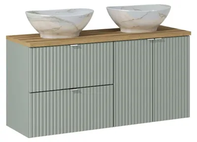 Immagine prodotto di Insieme ELVINA 120cm: mobili sotto lavabo con cassetti e armadietti + piano per lavabo + due lavabi da appoggio marmorizzati