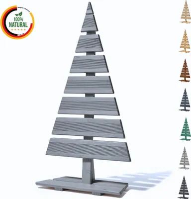A decorative wooden Christmas tree display with multiple color options shown in a collage on the right.
