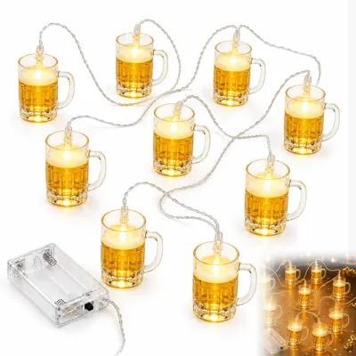 Produktbild von Bier Lichterkette 1,5 m mit 10 LED Bierglas Motiven, Batteriebetrieben, Deko für Bar, , Party, Garten & Geburtstag