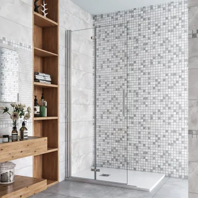 A modern bathroom with a glass shower enclosure and wooden shelving.