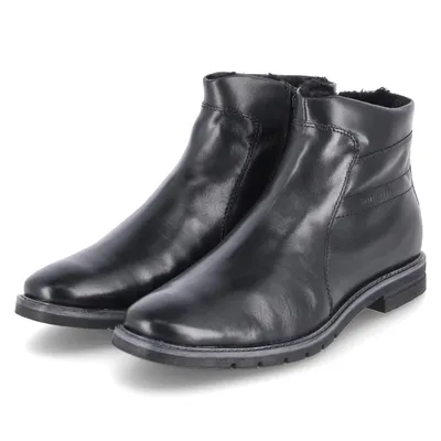 A pair of black leather ankle boots on a white background.
