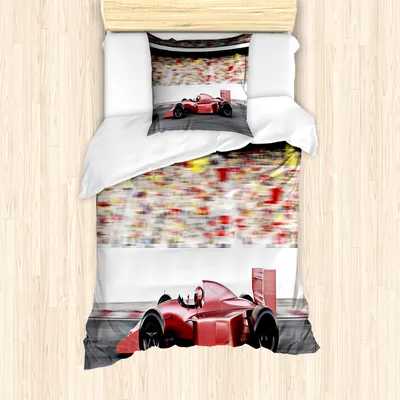 Produktbild von ABAKUHAUS Autos Mantele, Red Race Car Seitenansicht, Milbensicher Allergiker geeignet mit Kissenbezügen, 135 cm x 200 cm - 80 x 80 cm, Grau, Rot, Schwarz
