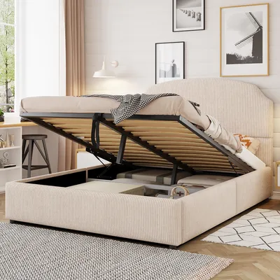 A bed with its storage compartment open, showing the interior space.