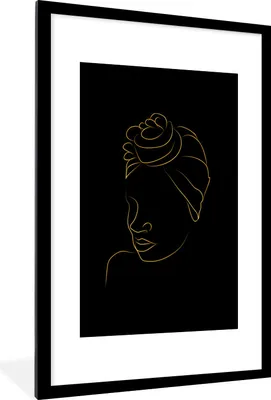Produktbild von MuchoWow® Gerahmtes Poster Frau - Kopftuch - Schwarz und Gold - Strichzeichnung 60x90 cm - Poster mit Schwarzem Bilderrahmen Wandposter Rahmen Foto Bilder - Dekoration - Wandposter Wohnzimmer - Hochwertig