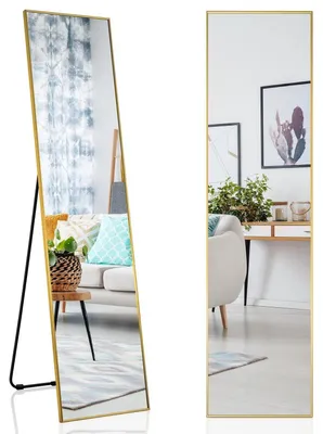 Produktbild von Ganzkörperspiegel 160 x 40 cm, 2-in-1 Stand- & Wandspiegel, Ankleidespiegel mit Aluminiumrahmen, Golden