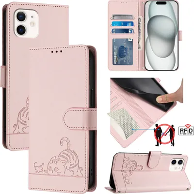 Produktbild von Leder Hülle für iPhone 12 / 12 Pro Süße Katze Flip Case Brieftasche Schutzhülle mit Standfunktion Pink