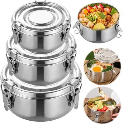 Productafbeelding van Broodtrommel 3 stuks - Roestvrij staal - Lekvrij - Herbruikbare voedselbox - Vershouddozen met deksel - 500/1000/1500 ml - Voedselopslag