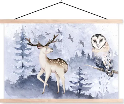 Produktbild von MuchoWow® Textilposter Winter - Wald - Eule - Hirsch 60x40 cm mit holzfarbenen Rahmen - Bilder