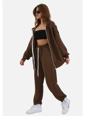 Produktbild von Zweiteiler Damen Trainingsanzug Jogginganzug Set mit Reißverschluss XL Braun