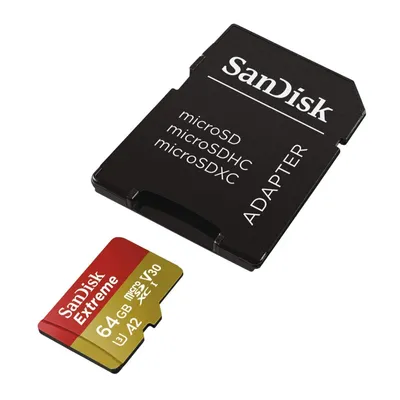 Produktbild von SanDisk Extreme - Flash-Speicherkarte (microSDXC-an-SD-Adapter inbegriffen) - 64 GB - A2 / Video Class V30 / UHS-I U3 / Class10 - microSDXC UHS-I