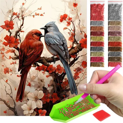 Produktbild von ARTULIO Diamond Painting Set - Bunte Vögel auf blühendem Zweigmotiv - 30 x 40 cm - 5D Crystal Art, Bilder DIY