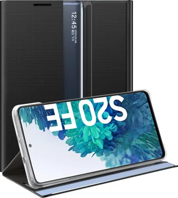 A black flip case for a Samsung Galaxy S20 FE phone is shown with the phone inside, displaying the screen.