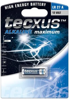 A product package for a Tecxus 12V alkaline battery, displayed against a dark, starry background with abstract light trails.