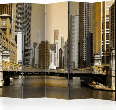 Produktbild von Akusticher Raumteiler Chicago Foto Paravent 225x172 cm beidseitig auf Vlies-Leinwand bedruckt Akustikschaum Trennwand Spanische Wand Sichtschutz Home Office Amerika USA Sepia d-C-0149-z-c