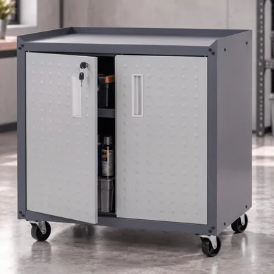 Imagen del producto de Carro de herramientas HWC-O52, carro de taller con ruedas, con cerradura, 2 compartimentos de almacenamiento, acero, 80x77x50 cm, color gris claro/gris oscuro