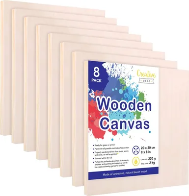 Obrázok produktu pre Creative Deco Drevené Plátno na Maľovanie 20 x 20 cm 8-Pack | Sada Drevených Podkladov na Maľovanie | Hrúbka 1,7 cm | Maliarska Doska pre Profesionálov a Hobby Maliarov | Podklady na Maľovanie Umeleckých Projektov, Dekorácií, Obrazov
