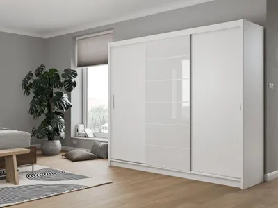 Produktbild von Krudox PRML 250 cm Weiss Schwebetürenschrank Kleiderschrank Für Wohnzimmer Mit Kleiderstange und 2 Schubladen