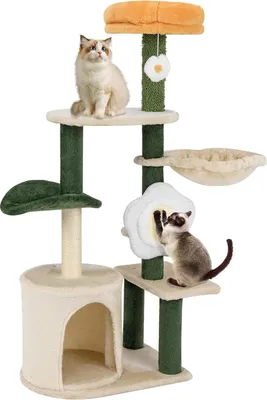 Image de Arbre à chat - Arbre à grimper pour chats - Hauteur 114 cm - 5 niveaux - Avec niche pour chat - Hamac - Surface de repos en forme de fleur - Planche et colonnes à griffer en sisal + balle de jeu - Vert