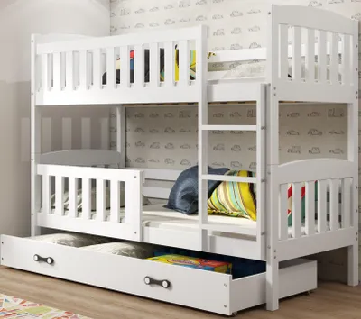 A white wooden bunk bed with a pull-out drawer underneath, set against a patterned wallpaper.