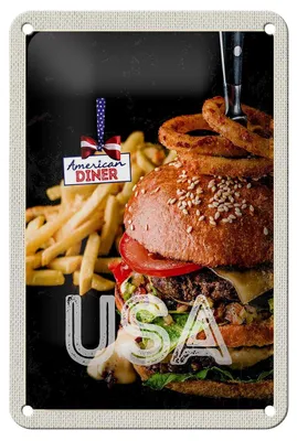 Produktbild von Blechschild Reise 12x18cm USA Burger Pommes Zwiebelringe essen Schild