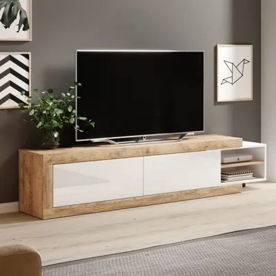 Produktbild von Masseno TV-Schrank SINFONIA 200 cm Fernsehschrank mit 2 Türen TV-Lowboard für Wohnzimmer Modern 200x40x44 cm Eichefarben / Weiß