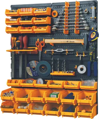 Image de Panneau porte Outils 66 x 78 x 1.7cm 4 panneaux perforés 15 petits - 12 grands bacs 38 Crochets Etagère murale
