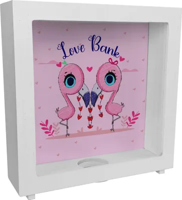 Produktbild von Flamingo Rahmen Spardose aus Holz in rosa mit Spruch Love Bank