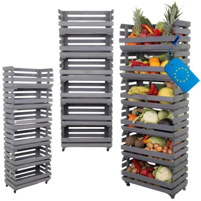 Produktbild von MODO24 Gemüseregal Holz, 6 Holzkisten, Kartoffelsteige, Obstregal, Rollenregal, Stapelbar, Vorratsregal, Massivholz Kiefer, 157x57x30 cm, Grau, RAWA