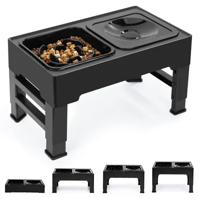 Erhöhter Hundenapf Slow Feeder, 4-fach höhenverstellbar, 1,6 l, schwarz