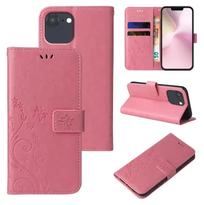 Produktbild von Handyhülle für Apple iPhone 16e Floral Blumen Schmetterling Flip Cover Hülle Case Klapphülle Handytasche Farbe: Rosegold