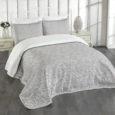 Produktbild von ABAKUHAUS Grau Tagesdecke Set, Abstrakte Hand gezeichnete Curly Linien und wirbelt in Gray Shades Retro Art-Verzierung von Waves, 264 x 220 cm, Grau