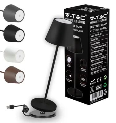 Produktbild von V-TAC Dimmbare LED Tischlampe Kabellos mit Touch-Bedienung - Wiederaufladbar Schwarz Lampe für den Innen und Draußen - Außenbereich IP54 - Hause Restaurant - 4400-mAh-Akku - Warmweiß 3000K