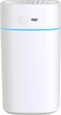 A white aroma diffuser and humidifier with a blue light accent.