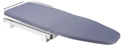 A gray ironing board with a sliding mechanism, shown from a diagonal angle against a white background.