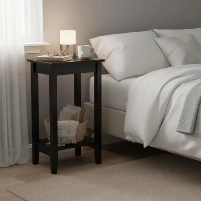 Image de Table de chevet à deux tiroirs avec pieds en bois noir