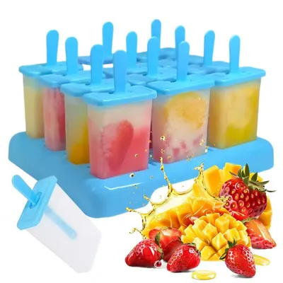 Zdjęcie produktu dla Formy do lodów, 12 sztuk, wielokrotnego użytku, do samodzielnego przygotowywania lodów, idealne do lodów na patyku, wolne od BPA. W zestawie szczotka do czyszczenia oraz silikonowy lejek do napełniania