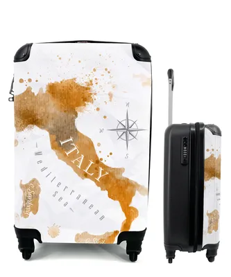 Produktbild von MuchoWow® Koffer Handgepäck Trolley Rollkoffer Kleine Reisekoffer mit 4 Rollen - Weltkarte - Gold - Aquarell - Cabin Size < 55x40x23 cm & 55x40x20 cm - Fotokoffer - Kabinenkoffer - Boardgepäck - Reise-Box - Reisekoffer - Reisegepäck - Koffer mit Bild - Trolley für Kinder
