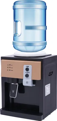 A freestanding water dispenser with a water bottle on top.