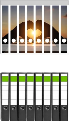 Produktbild von Wallario 8 Stück schmale Ordner inkl. Klebeetiketten mit Motive Liebe im Herzen der Sonne - Strand und Meer -  Set mit Rückenschildern / Ordnerrücken Stickern