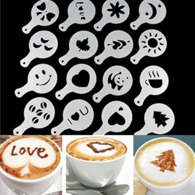Produktbild von 16 Teile/los Kaffee Latte Cappuccino Barista Art Schablonen Kuchen Duster Vorlagen Kaffee Zubehör