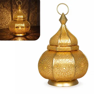 Produktbild von Orientalische Laterne Metall Lamis Goldfarbig 30cm | orientalisches Marokkanisches Windlicht Gartenwindlicht | Marokkanische Metalllaterne für draußen als Gartenlaterne, Innen als Tischlaterne